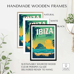 Ibiza Poster Wall Art Print displayed in handmade wooden frames: natural, white, black options with glossy finish.
