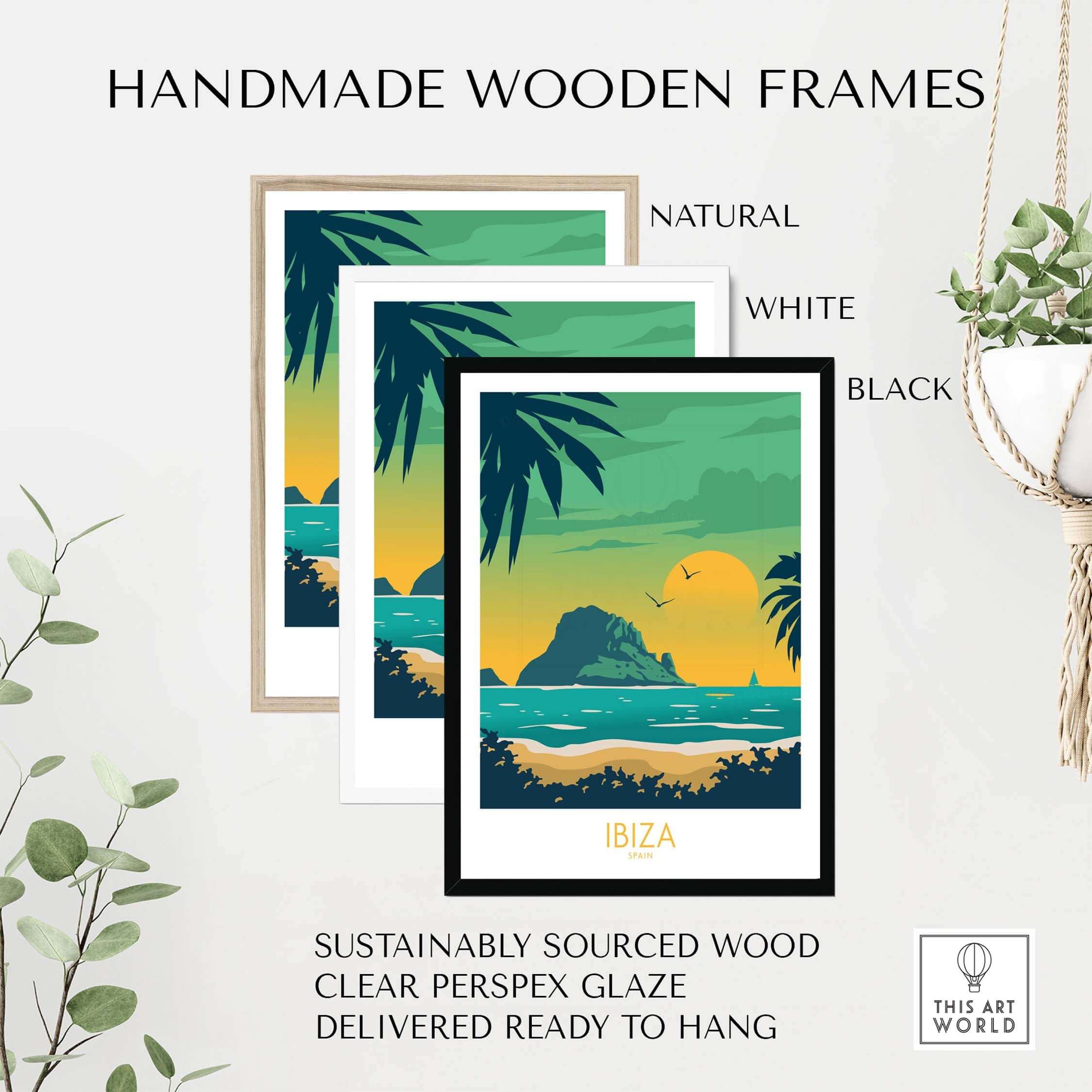 Handmade wooden frames in natural, white, and black for Ibiza Print Travel Poster, sustainably sourced and ready to hang.