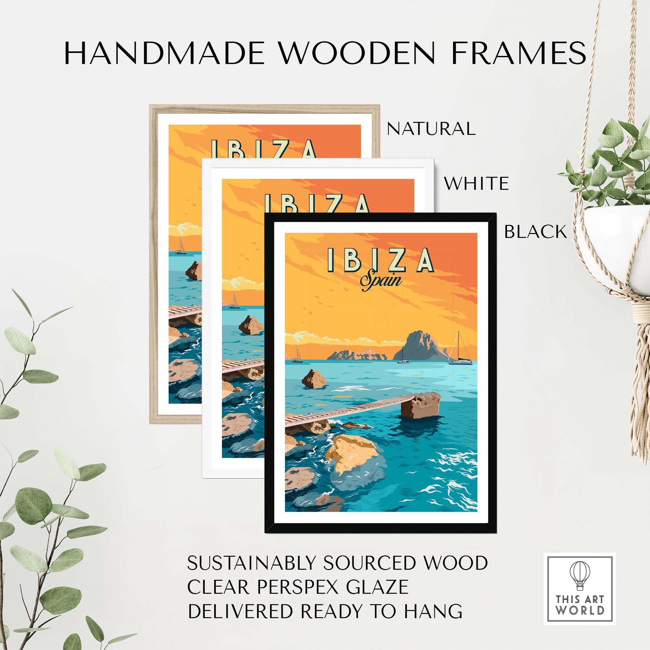 Handmade wooden frames for Ibiza sunset poster in natural, white, and black finishes, ready to hang.