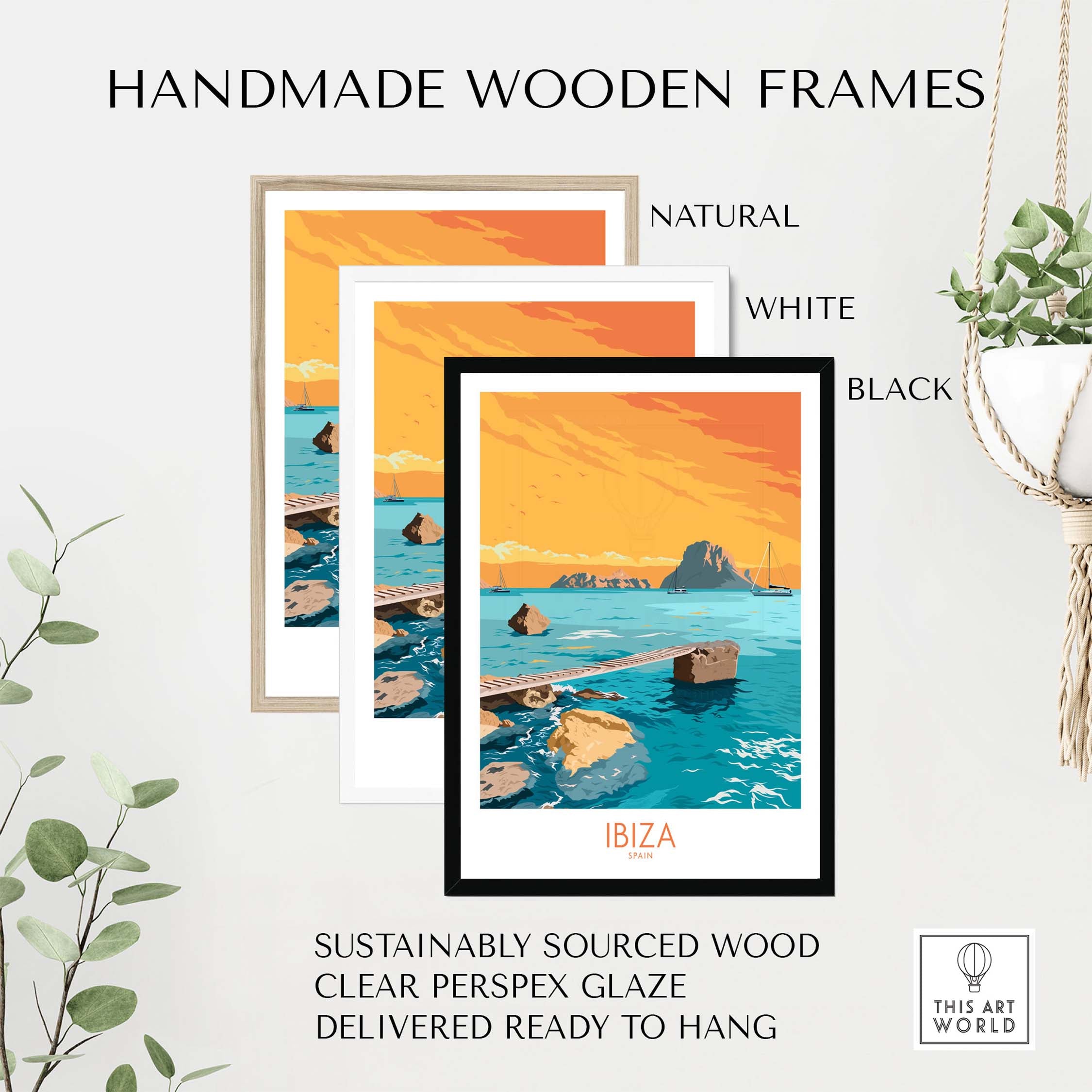 Ibiza Poster Island Wall Art in handmade wooden frames: natural, white, and black options.