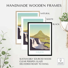 Framed Iceland Print Travel Posters in natural, white, and black wooden frames showcasing scenic Icelandic landscapes.