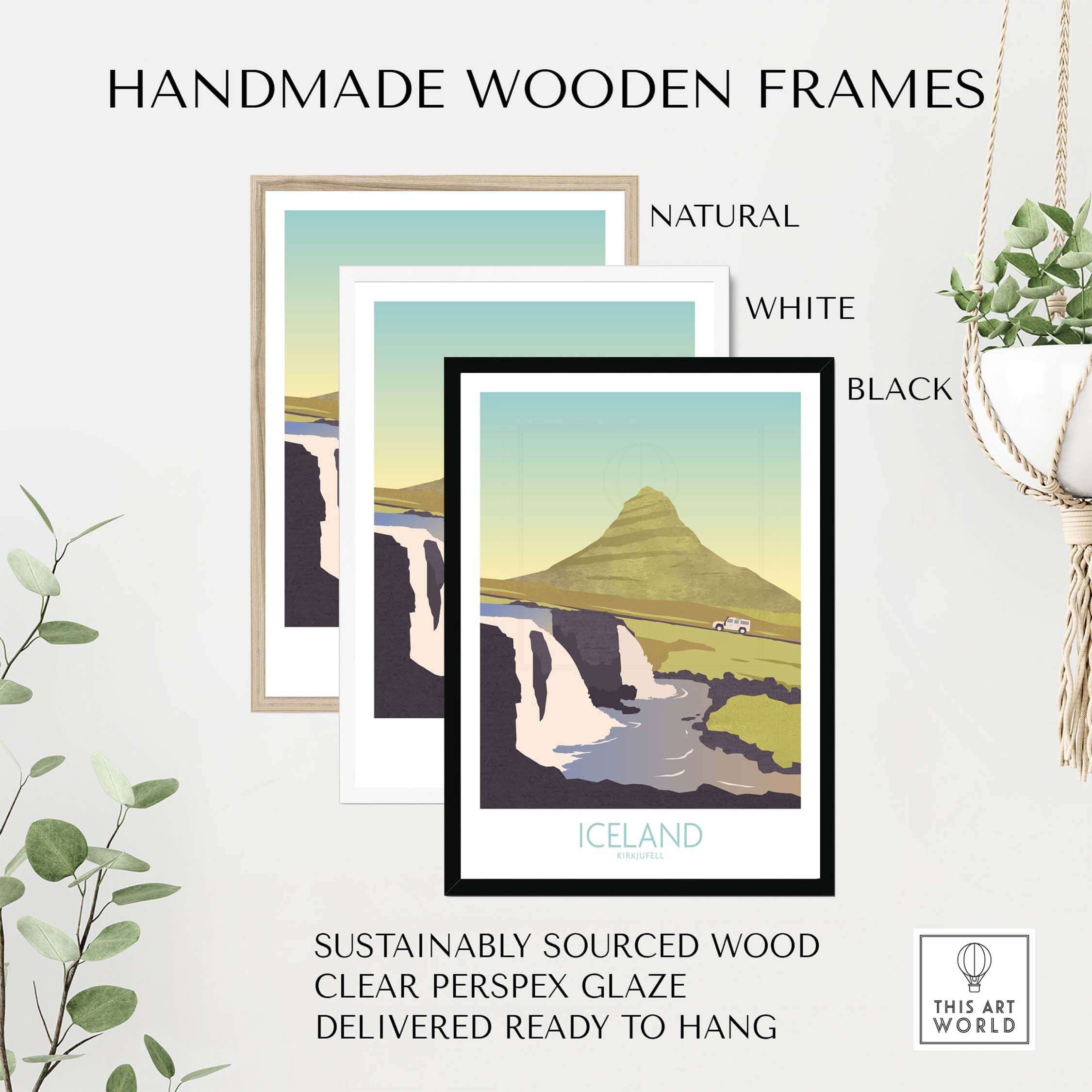 Framed Iceland Print Travel Posters in natural, white, and black wooden frames showcasing scenic Icelandic landscapes.