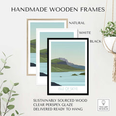 Three handmade wooden frames for Isle of Skye poster in natural, white, and black finishes, showcasing sustainable design.