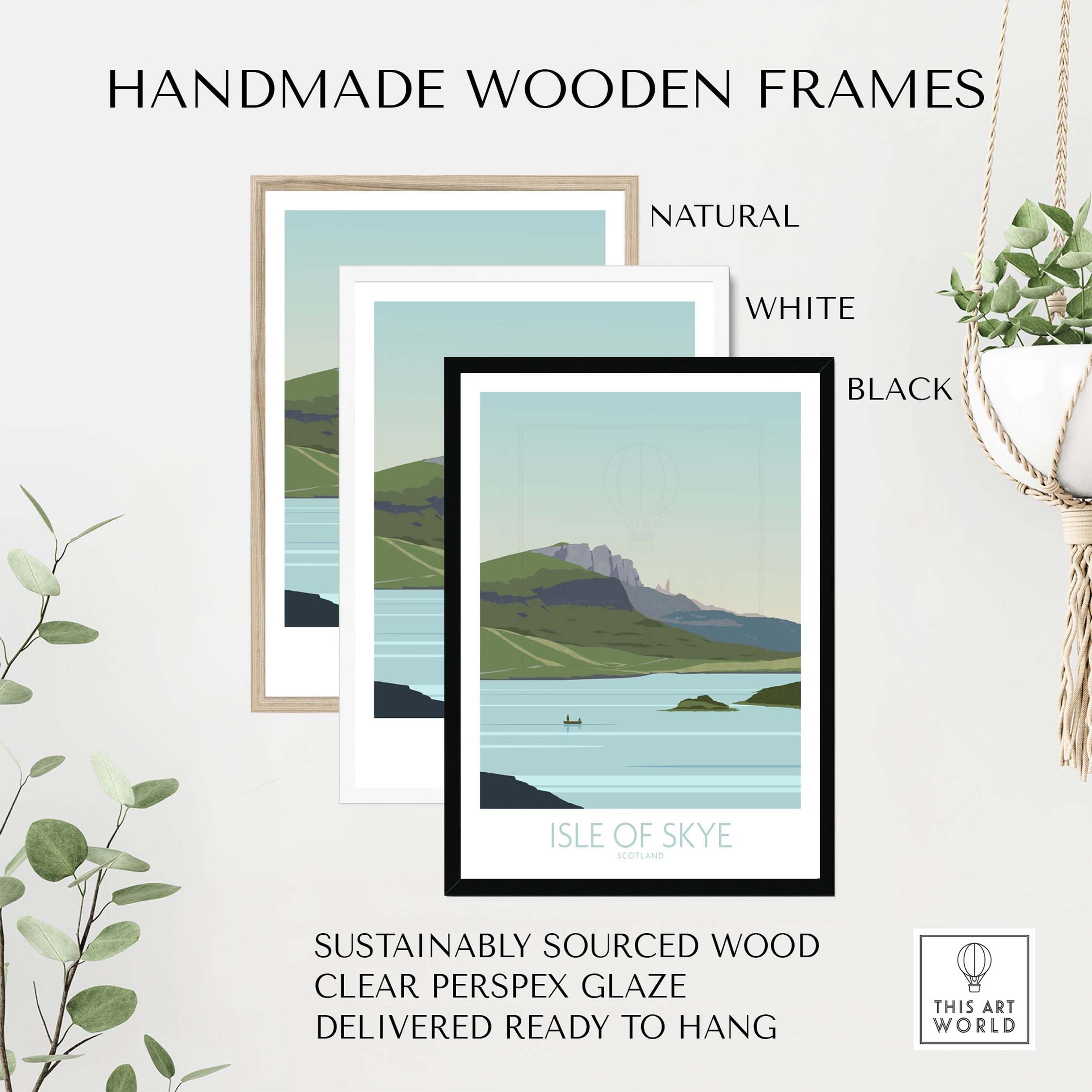 Three handmade wooden frames for Isle of Skye poster in natural, white, and black finishes, showcasing sustainable design.