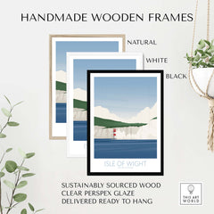 Handmade wooden frames in natural, white, and black for Isle of Wight Print, ready to hang and sustainably sourced.