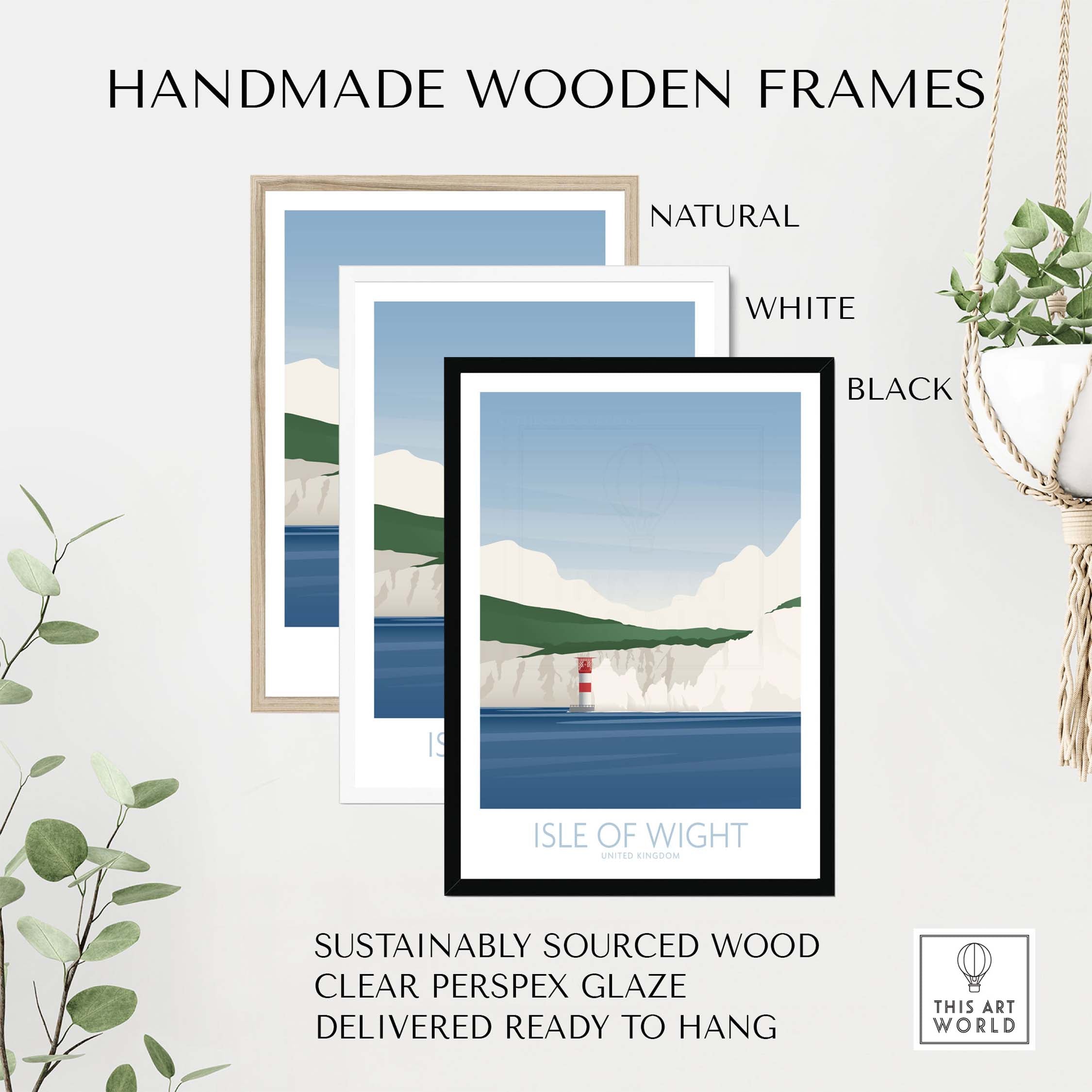 Handmade wooden frames in natural, white, and black for Isle of Wight Print, ready to hang and sustainably sourced.