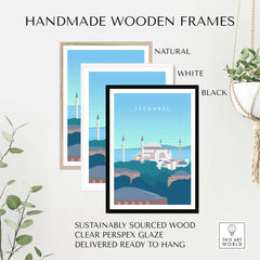 Handmade wooden frames in natural, white, and black for Istanbul print wall art, made from sustainably sourced wood.