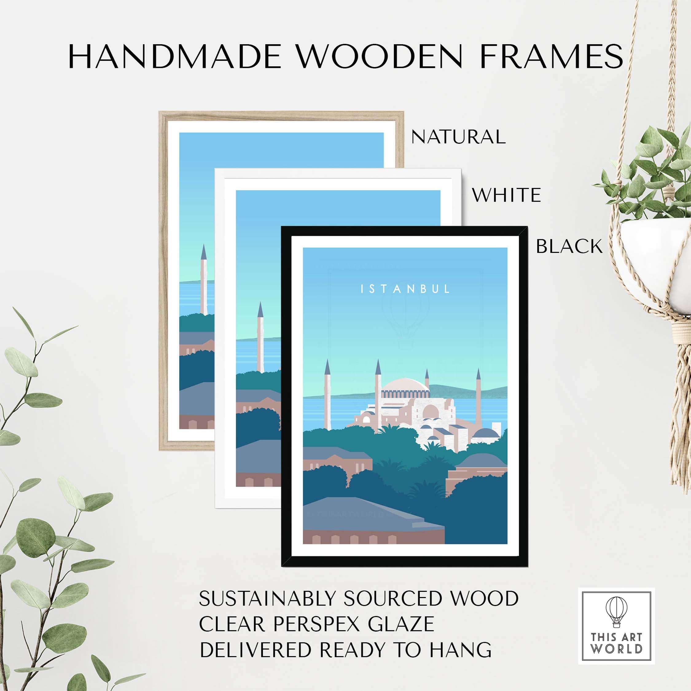 Handmade wooden frames in natural, white, and black for Istanbul print wall art, made from sustainably sourced wood.