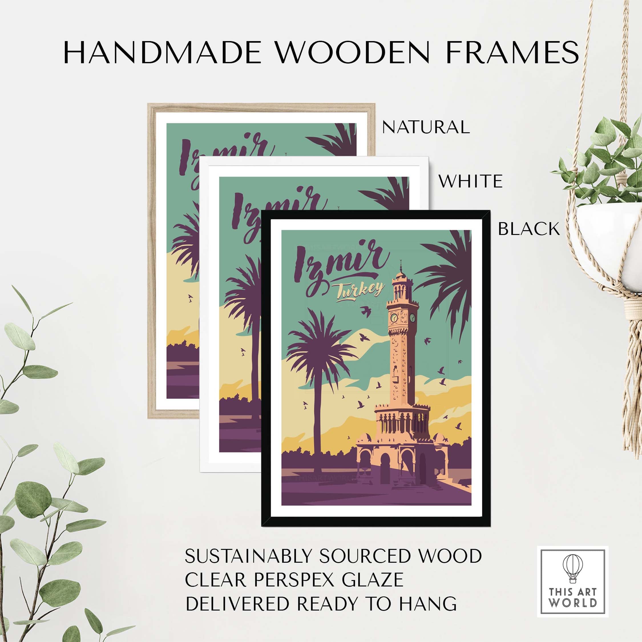 Izmir Turkey travel poster with handmade wooden frames in natural, white, and black finishes.