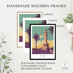 Handmade wooden frames in black, white, and natural styles surrounding Izmir poster wall art.