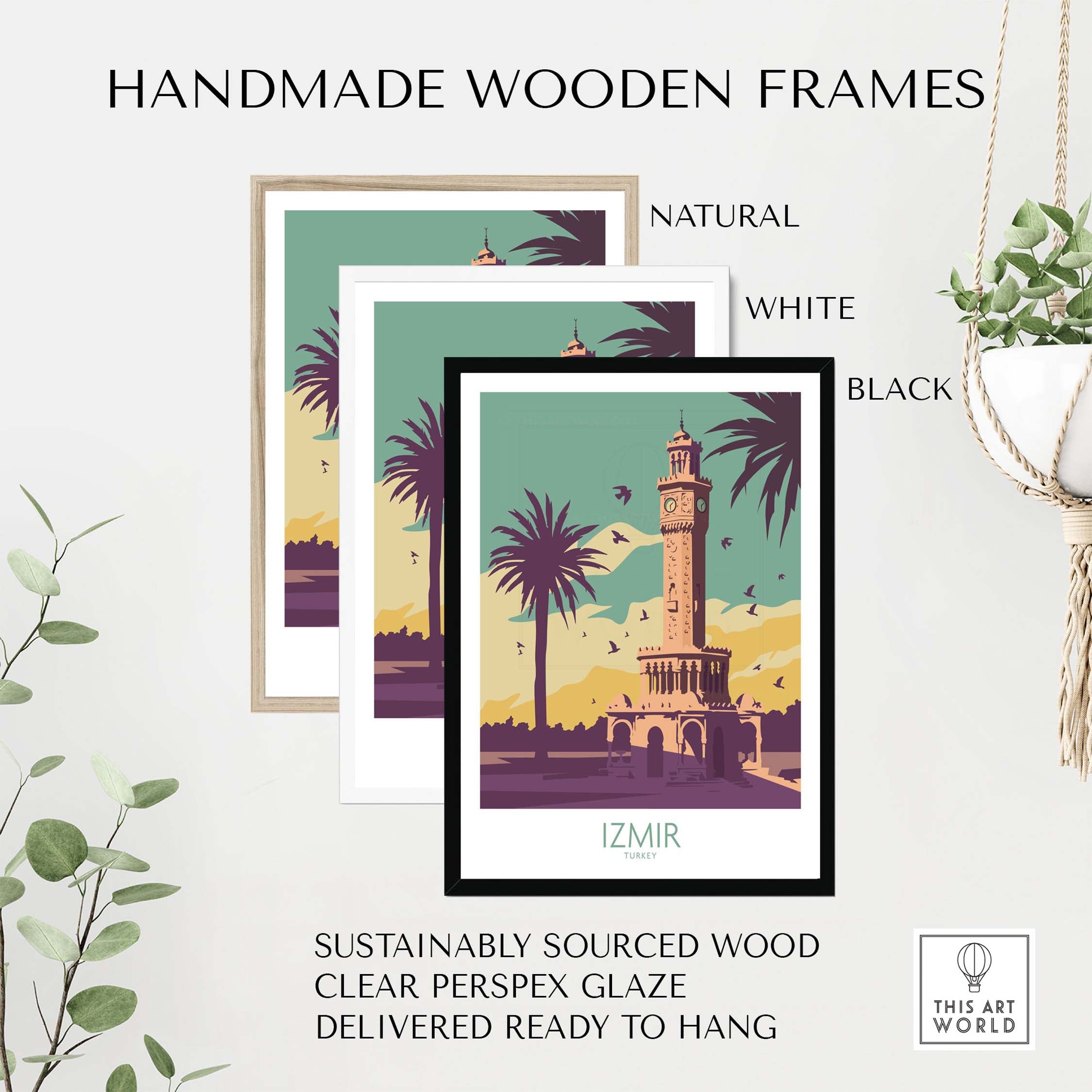 Handmade wooden frames in black, white, and natural styles surrounding Izmir poster wall art.