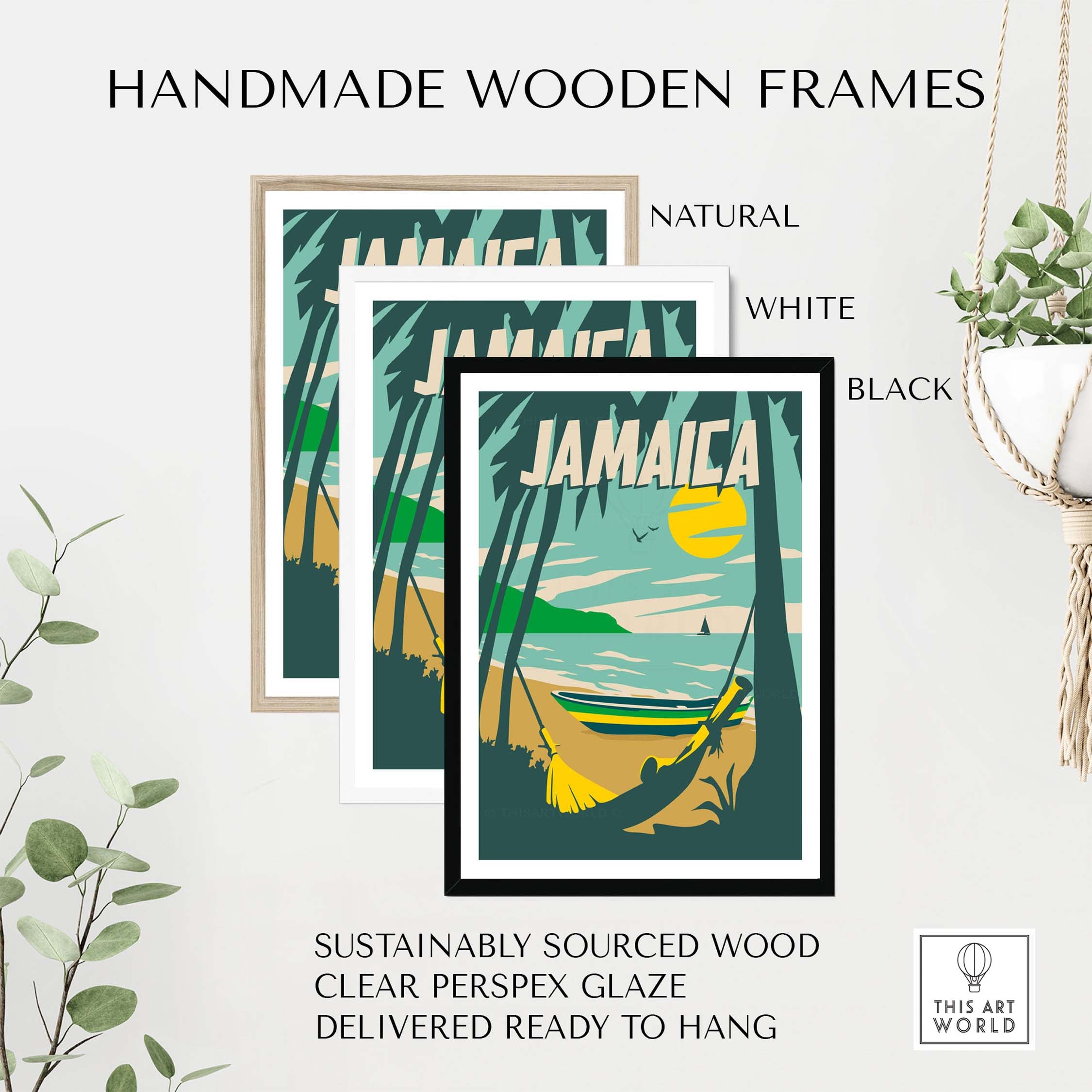 Three handmade wooden frames in natural, white, and black for Jamaica Print Beach Poster, featuring sustainably sourced wood.