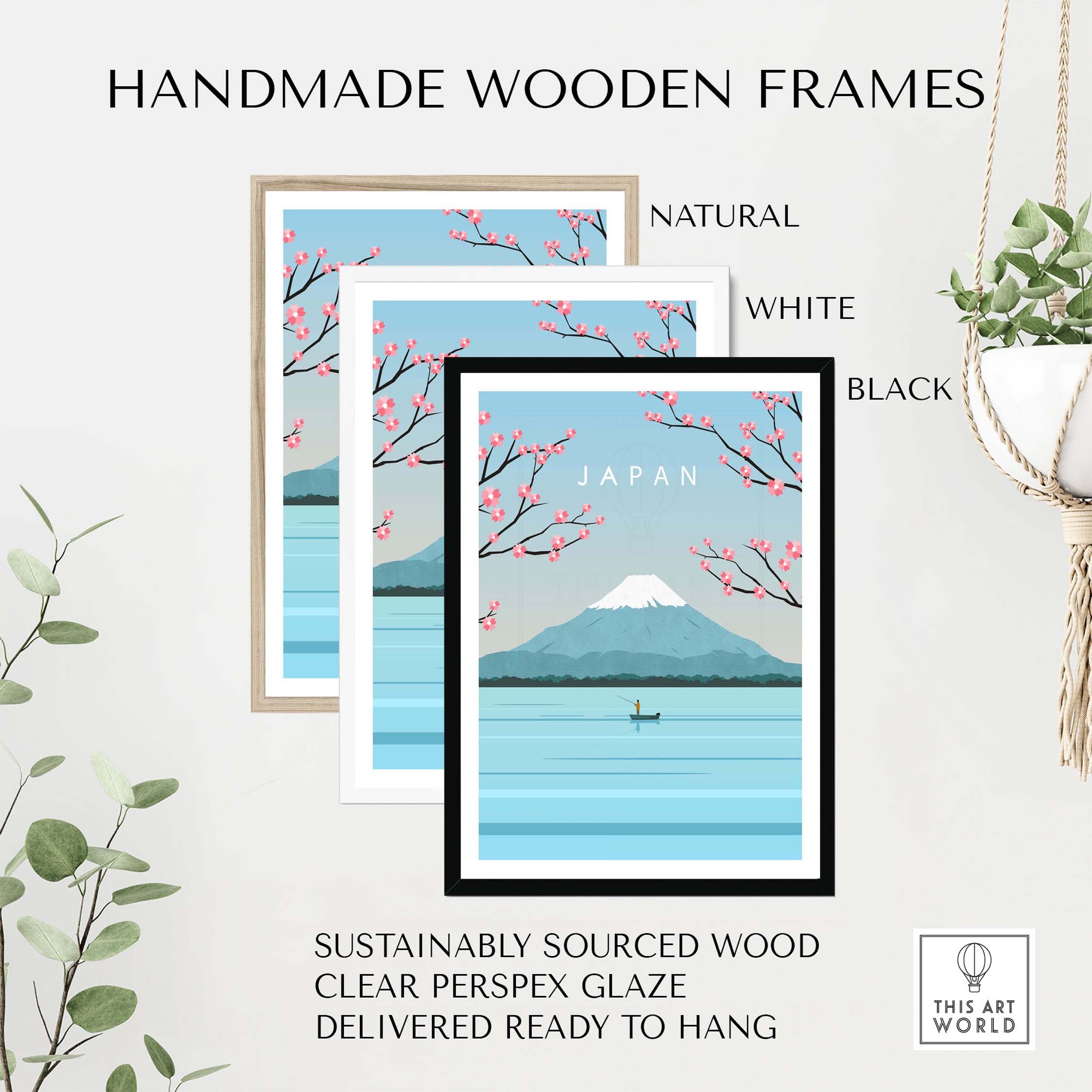 Handmade wooden frames in natural, white, and black colors for Japan Mount Fuji wall art.