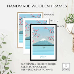 Handmade wooden frames in natural, white, and black for Japan Print Mount Fuji Poster, sustainably sourced and ready to hang.