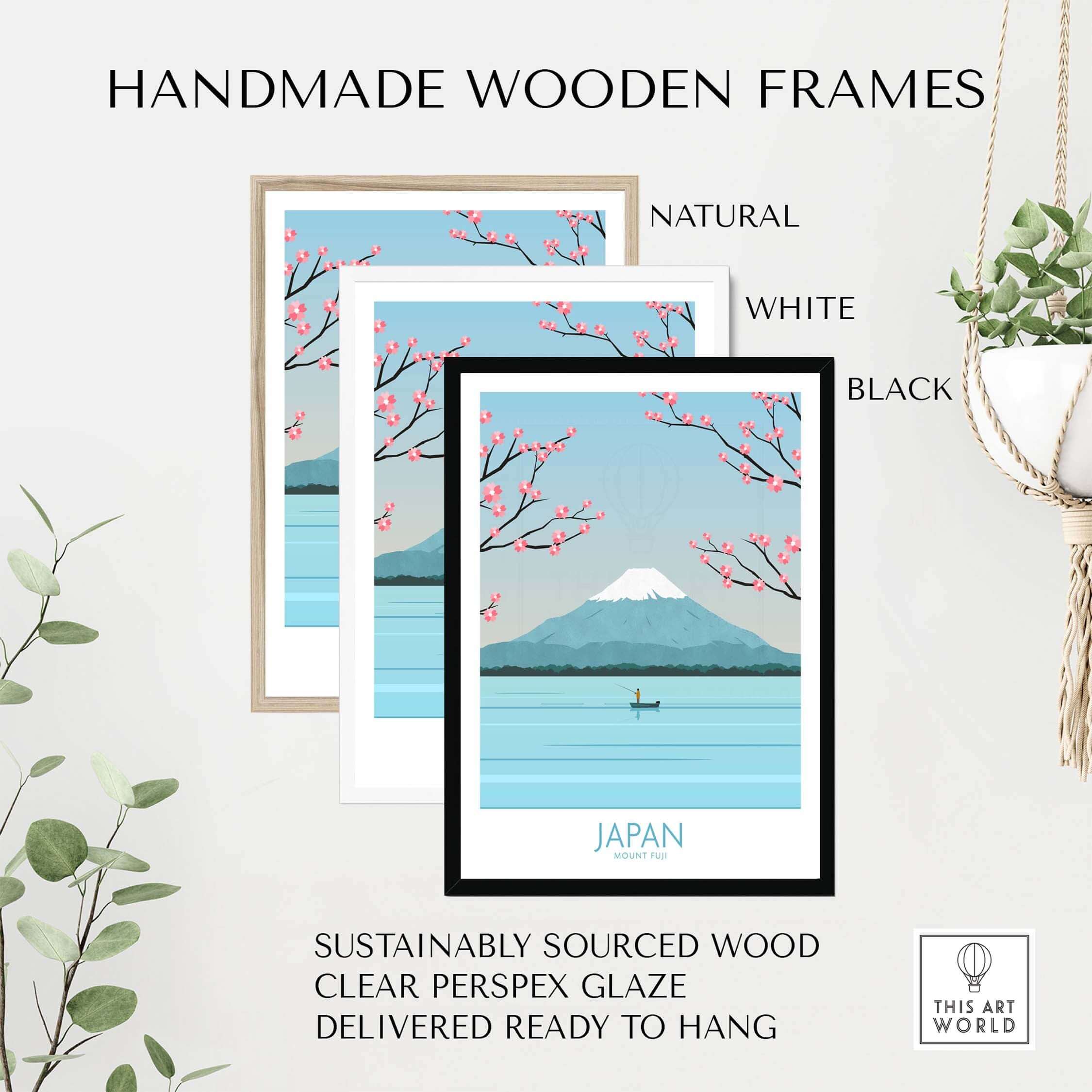 Handmade wooden frames in natural, white, and black for Japan Print Mount Fuji Poster, sustainably sourced and ready to hang.