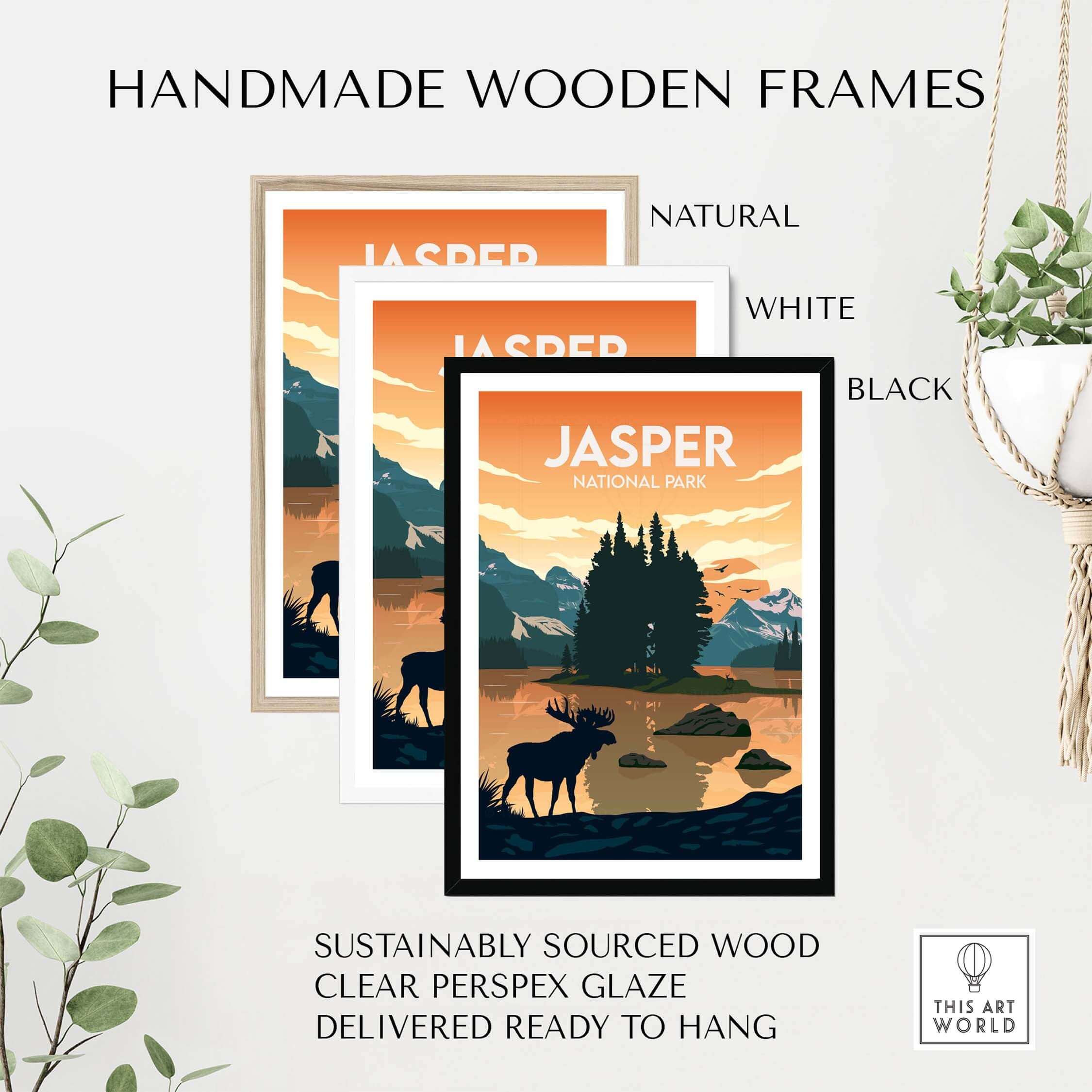Jasper Print National Park poster framed in natural, white, and black handmade wooden frames, ready to hang.