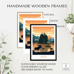 Handmade wooden frames in natural, white, and black for Jasper National Park art print, sustainably sourced and ready to hang.