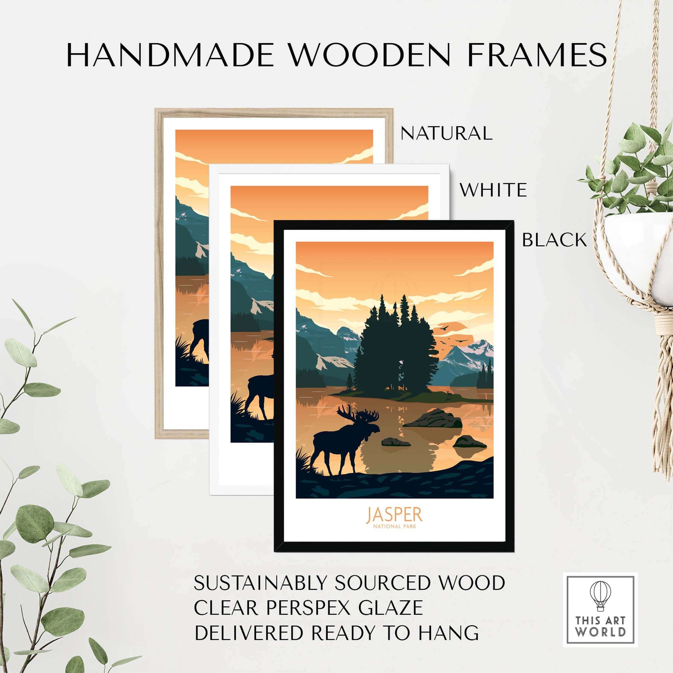 Handmade wooden frames in natural, white, and black for Jasper National Park art print, sustainably sourced and ready to hang.
