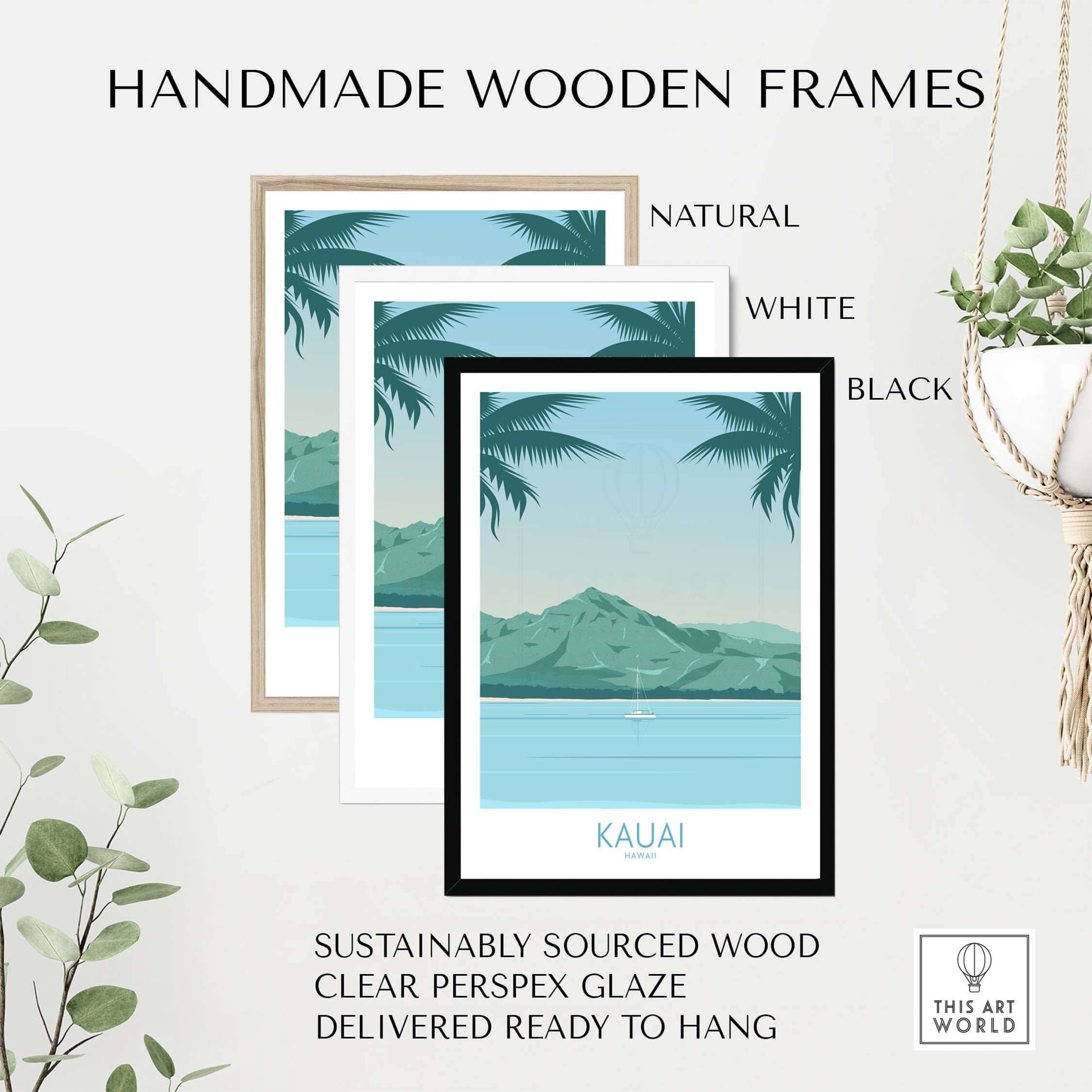 Handmade wooden frames for Kauai beach poster in natural, white, and black options, ready to hang.