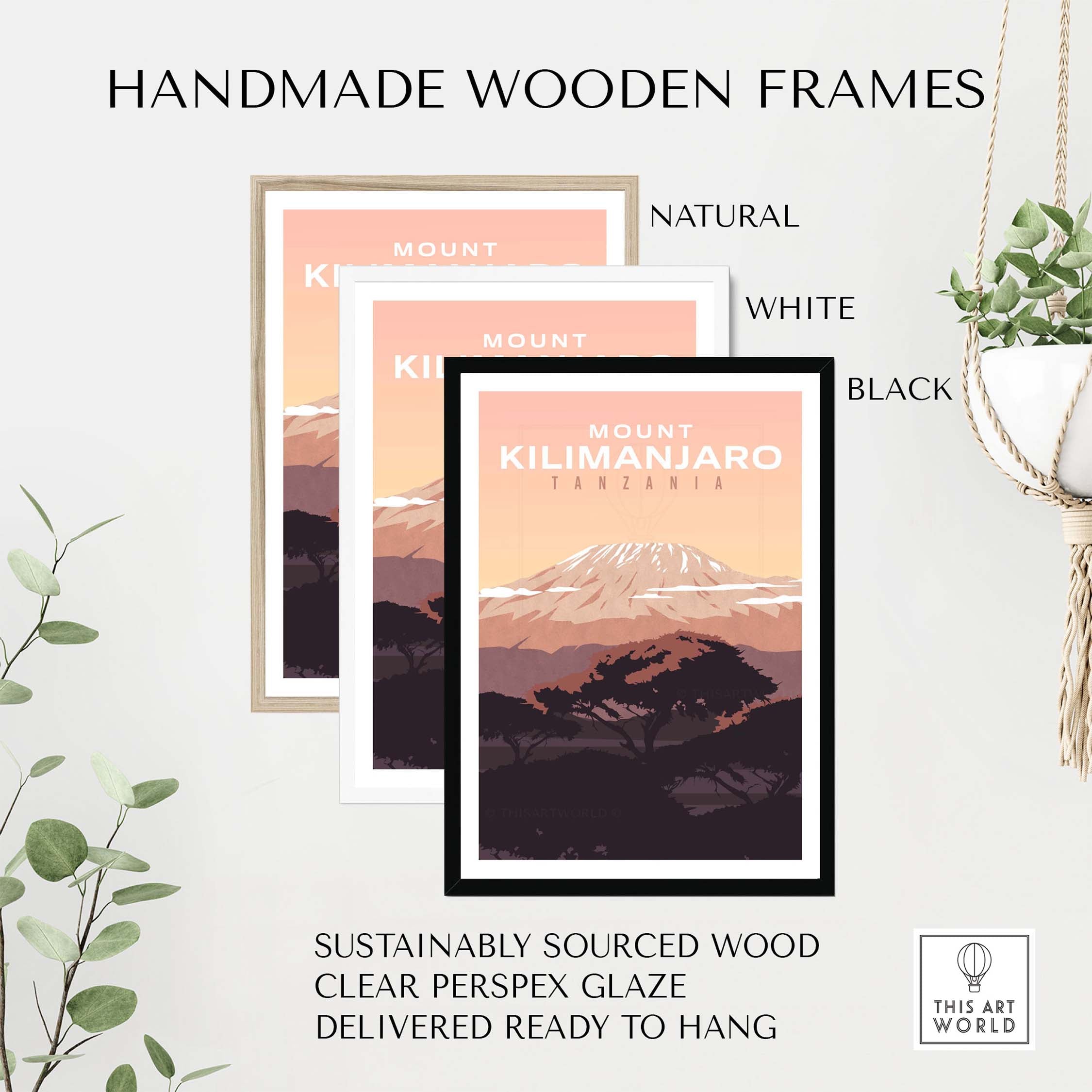 Handmade wooden frames for Kilimanjaro print wall art in natural, white, and black finishes with clear perspex glaze.