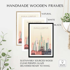 Kuala Lumpur skyline wall art prints in handmade wooden frames, available in natural, white, and black finishes.