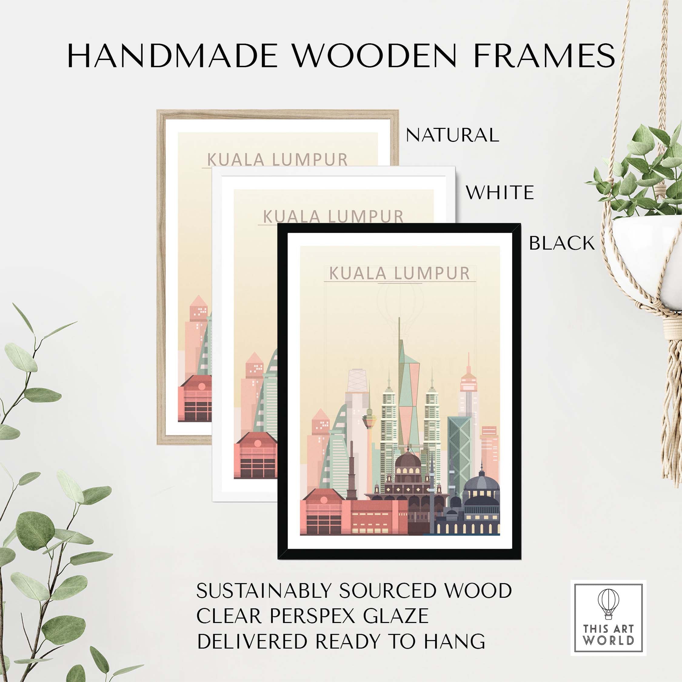 Kuala Lumpur skyline wall art prints in handmade wooden frames, available in natural, white, and black finishes.