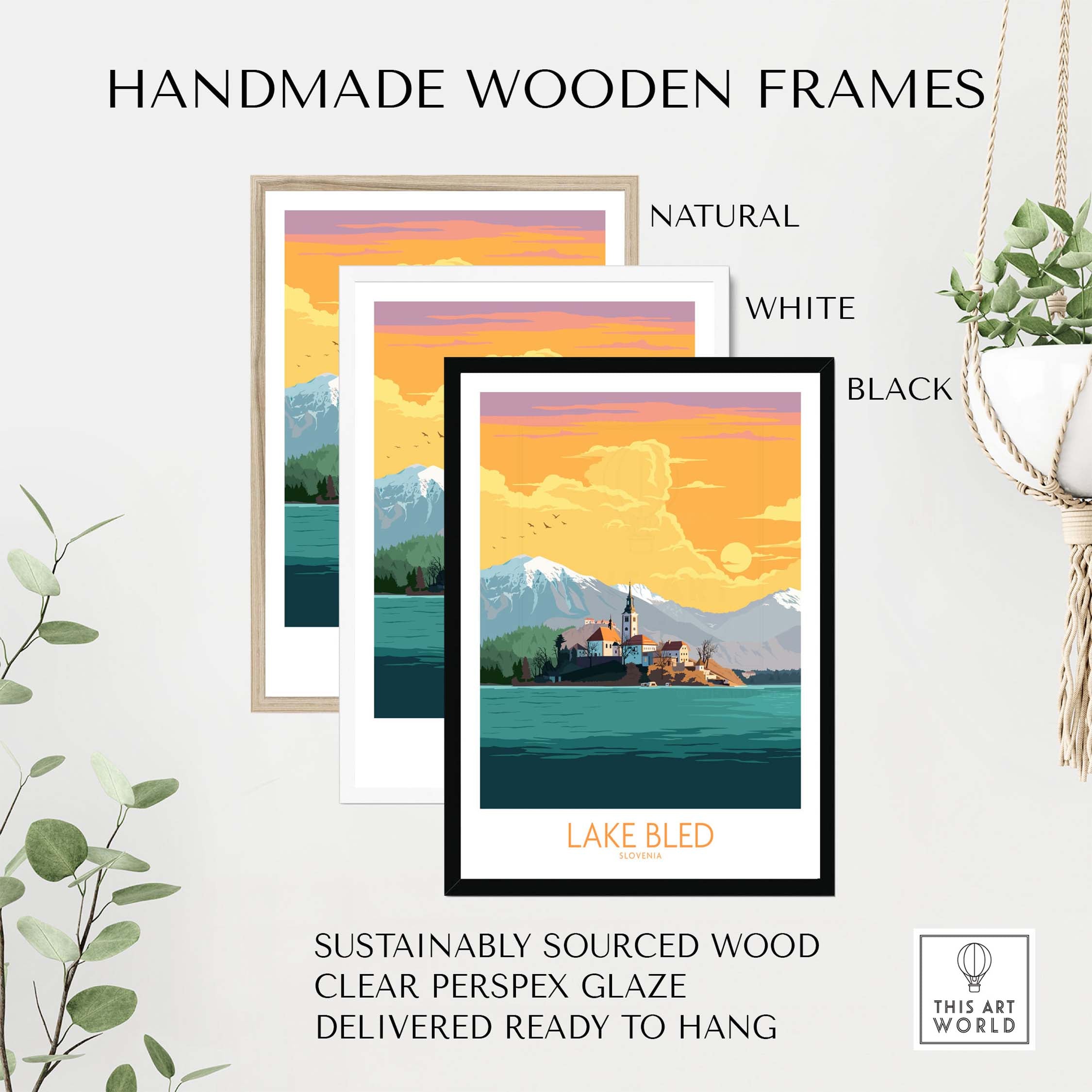 Handmade wooden frames for Lake Bled poster, featuring natural, white, and black options, sustainably sourced and ready to hang.