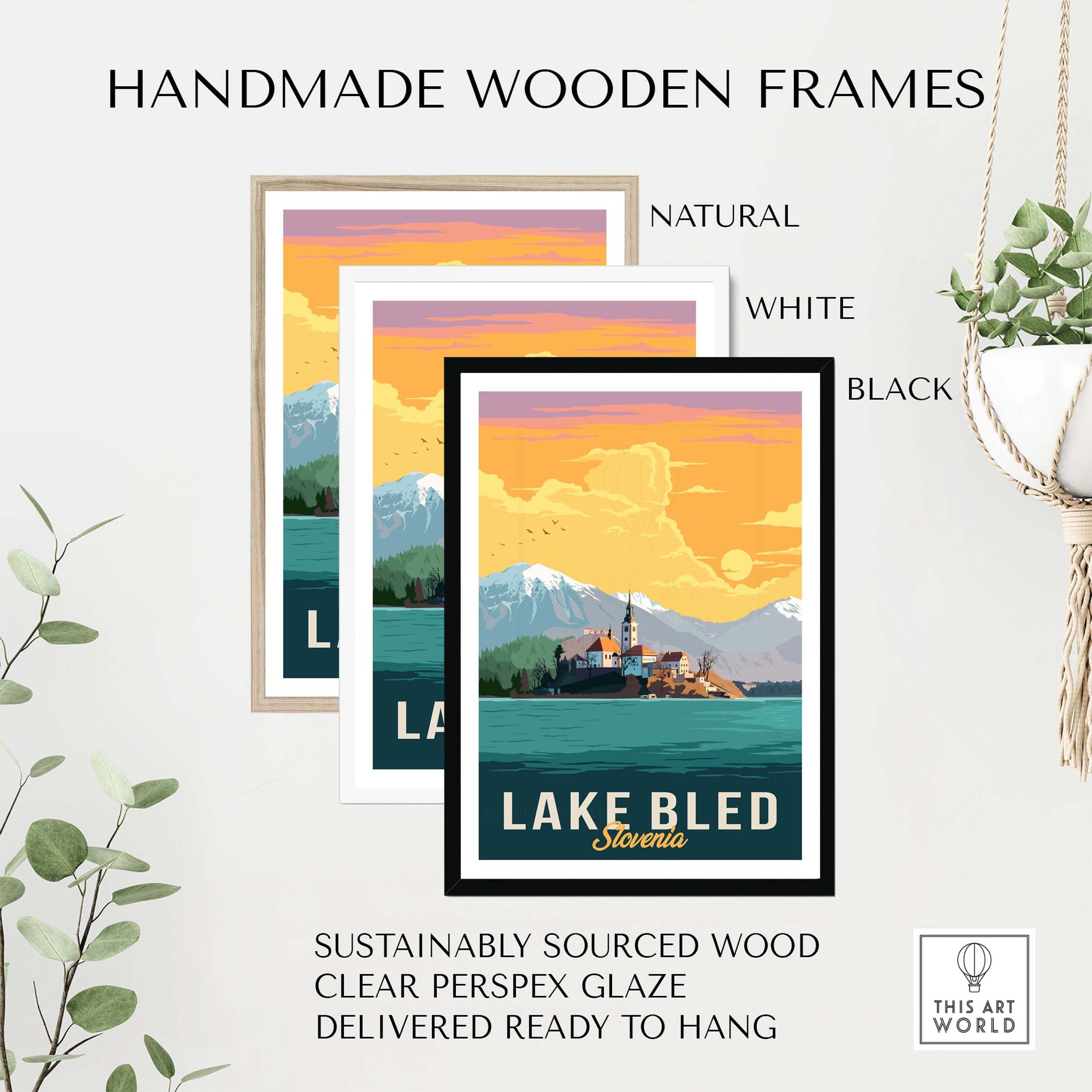 Handmade wooden frames for Lake Bled print in natural, white, and black finishes, sustainably sourced and ready to hang.