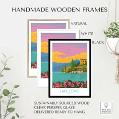 Handmade wooden frames for Lake Como Italy poster in natural, white, and black finishes. Sustainable and ready to hang.