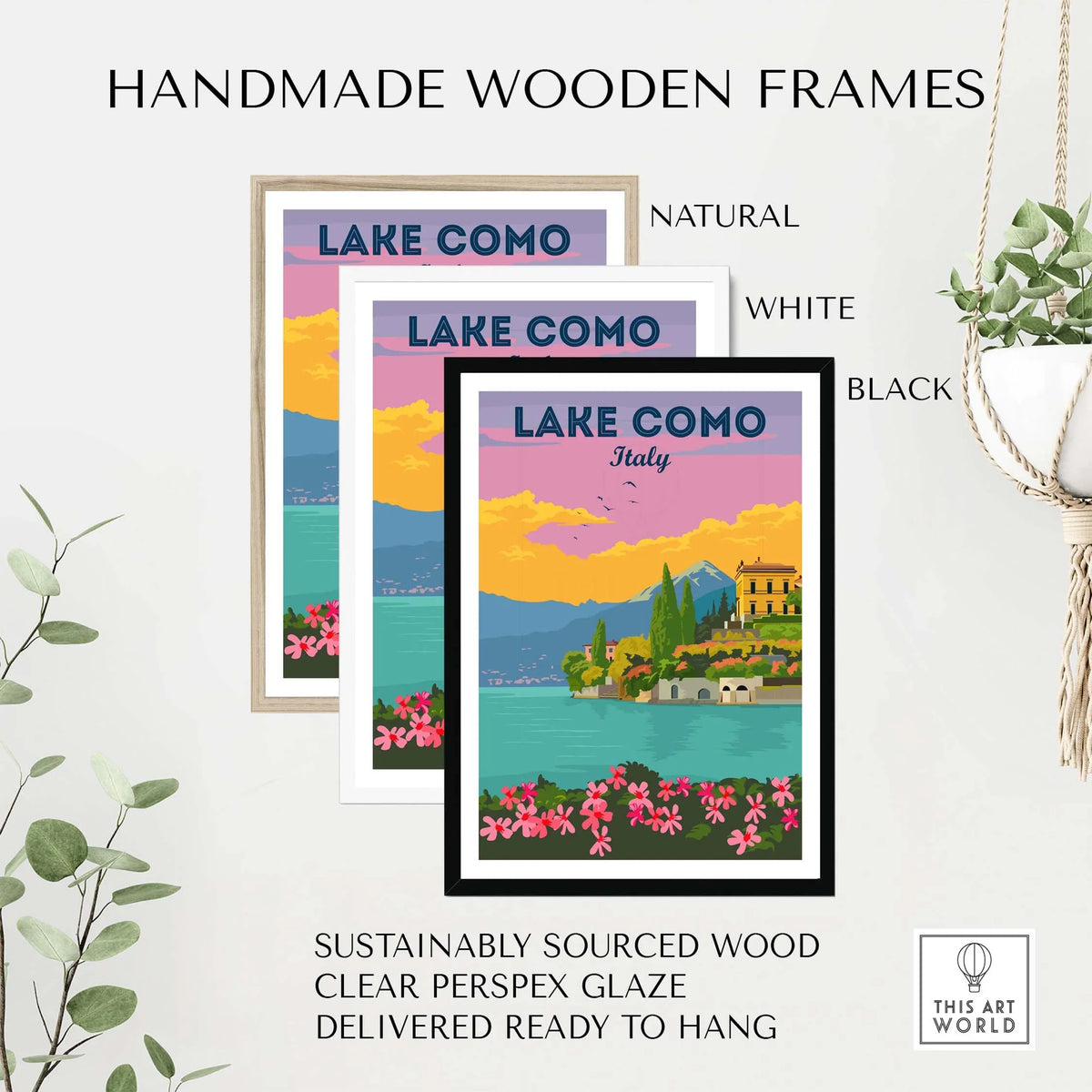 Lake Como Italy wall art in handmade wooden frames: natural, white, and black, sustainably sourced and ready to hang.