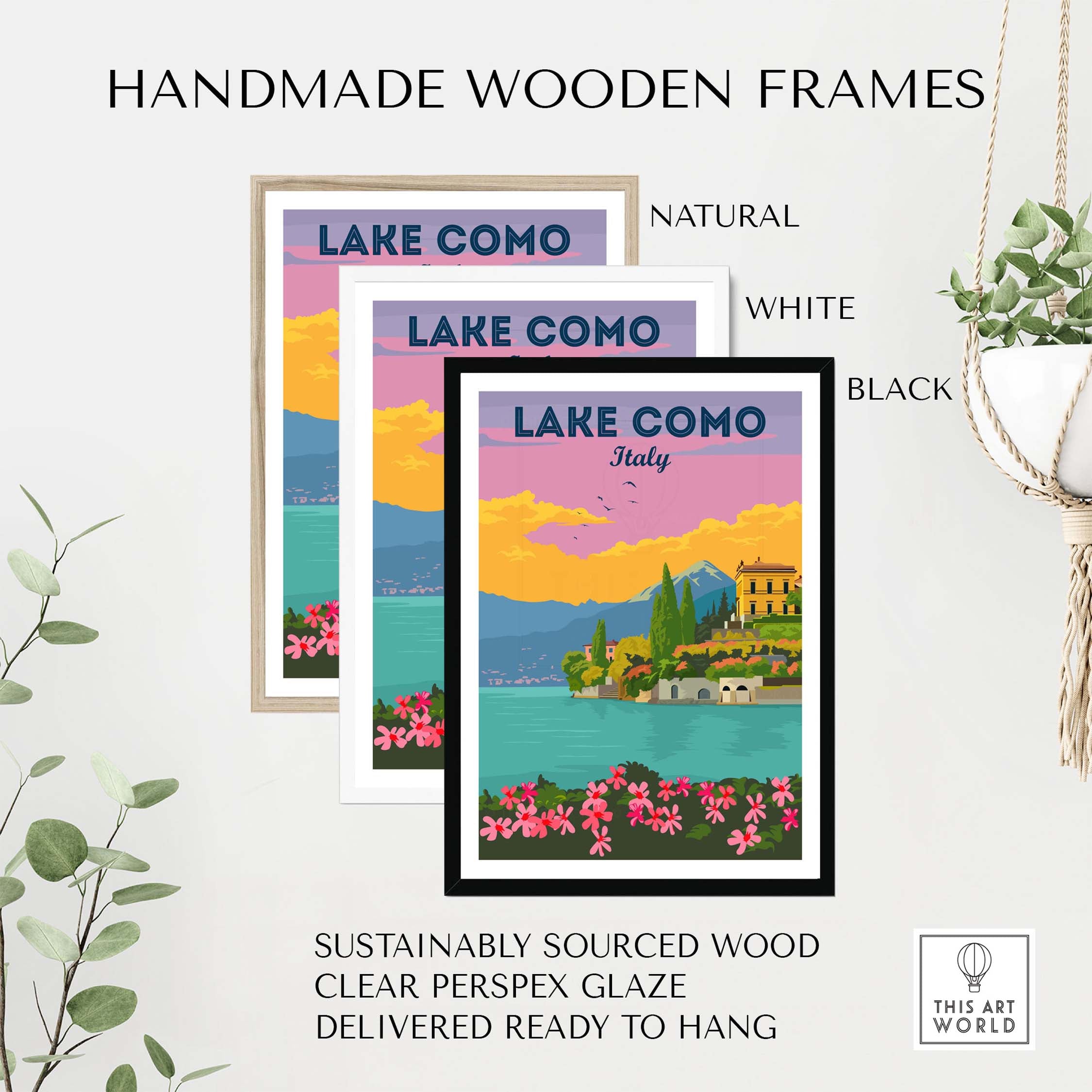 Lake Como Italy wall art in handmade wooden frames: natural, white, and black, sustainably sourced and ready to hang.
