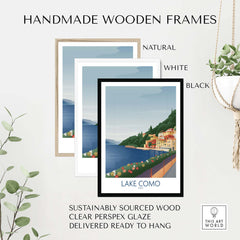 Handmade wooden frames in natural, white, and black for Lake Como wall art print, sustainably sourced and ready to hang.