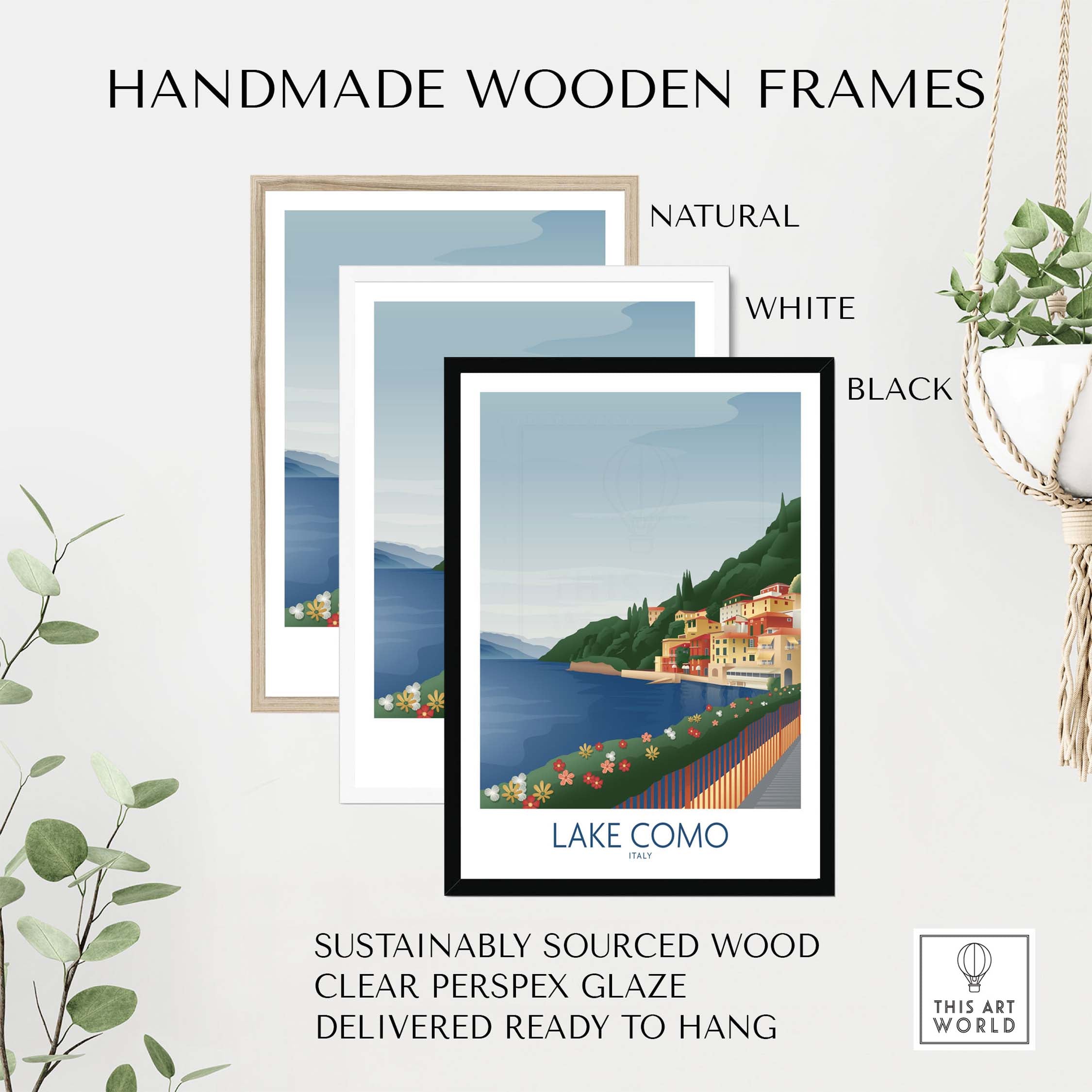 Handmade wooden frames in natural, white, and black for Lake Como wall art print, sustainably sourced and ready to hang.