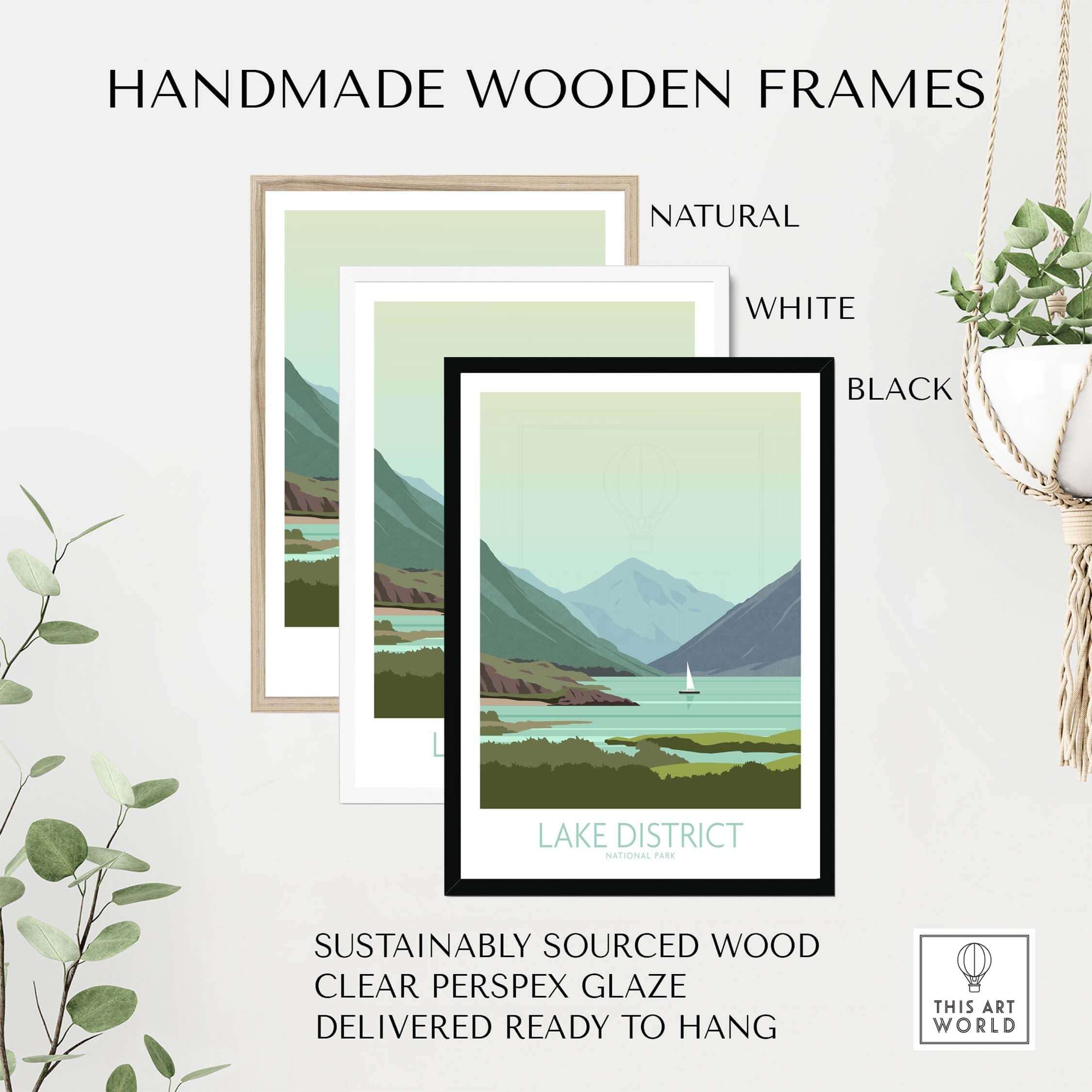 Handmade wooden frames in natural, white, and black, showcasing Lake District poster prints, sustainably sourced and ready to hang.