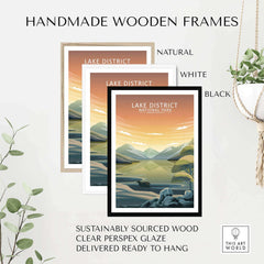 Handmade wooden frames for Lake District National Park poster in natural, white, and black finishes.