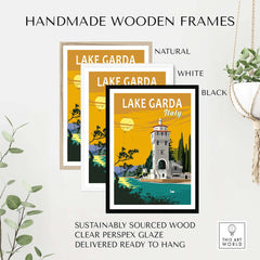 Lake Garda Print Italy Poster in handmade wooden frames, featuring natural, white, and black options for stylish wall art.