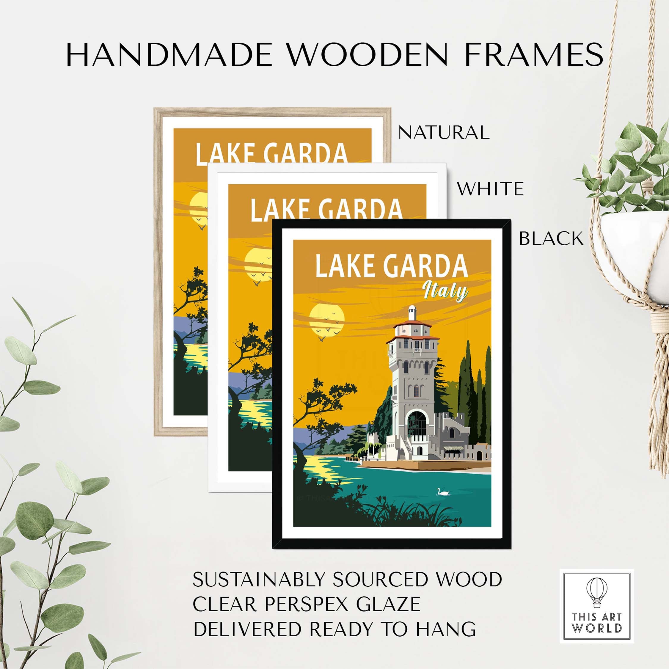 Lake Garda Print Italy Poster in handmade wooden frames, featuring natural, white, and black options for stylish wall art.