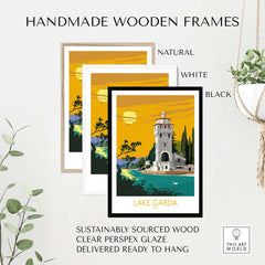 Handmade wooden frames in natural, white, and black for Lake Garda Italy poster print, sustainably sourced and ready to hang.