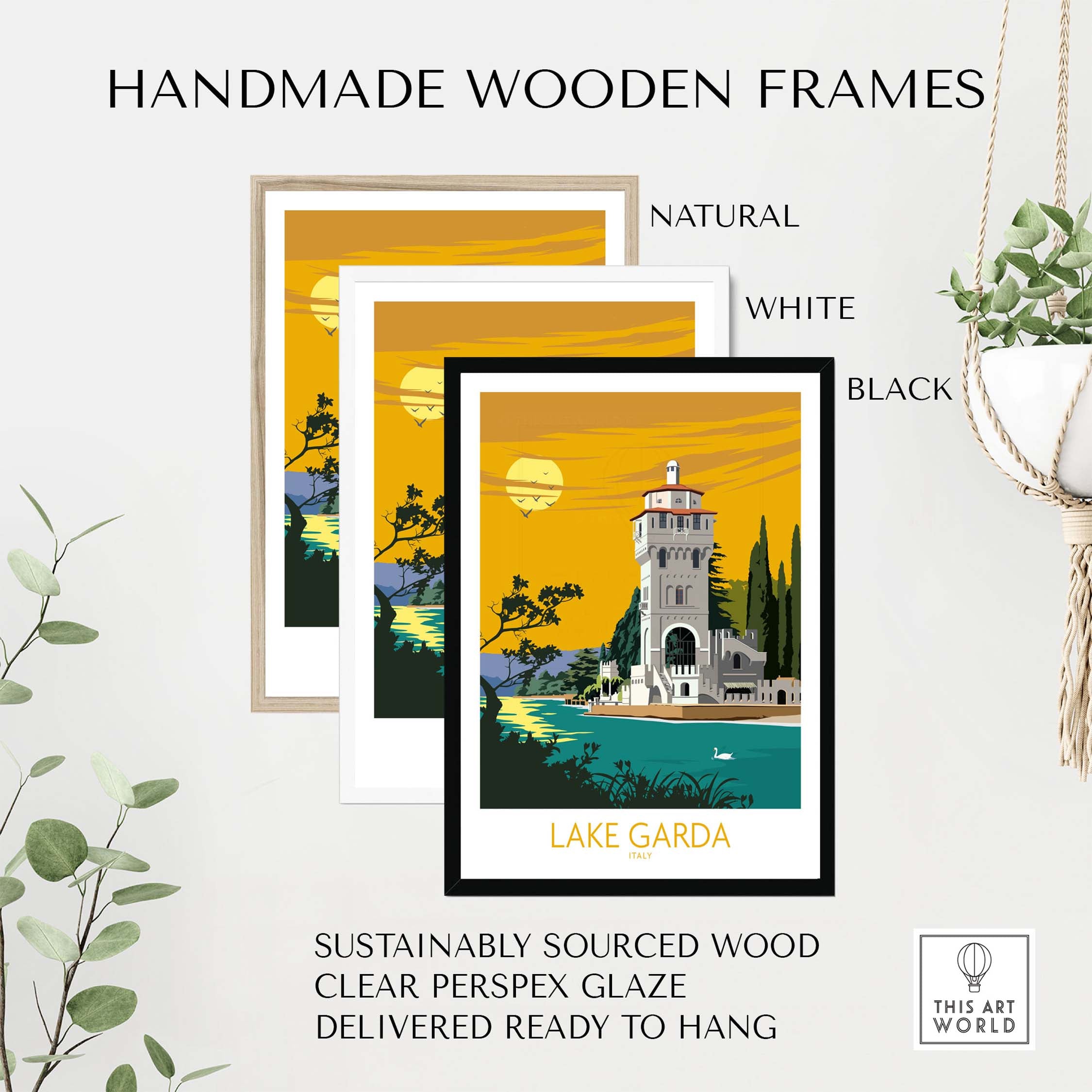 Handmade wooden frames in natural, white, and black for Lake Garda Italy poster print, sustainably sourced and ready to hang.