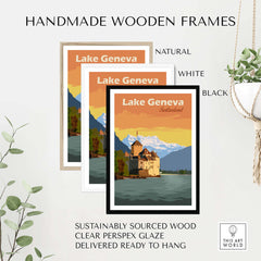 Lake Geneva Poster Switzerland Print in handmade wooden frames: natural, white, and black options.