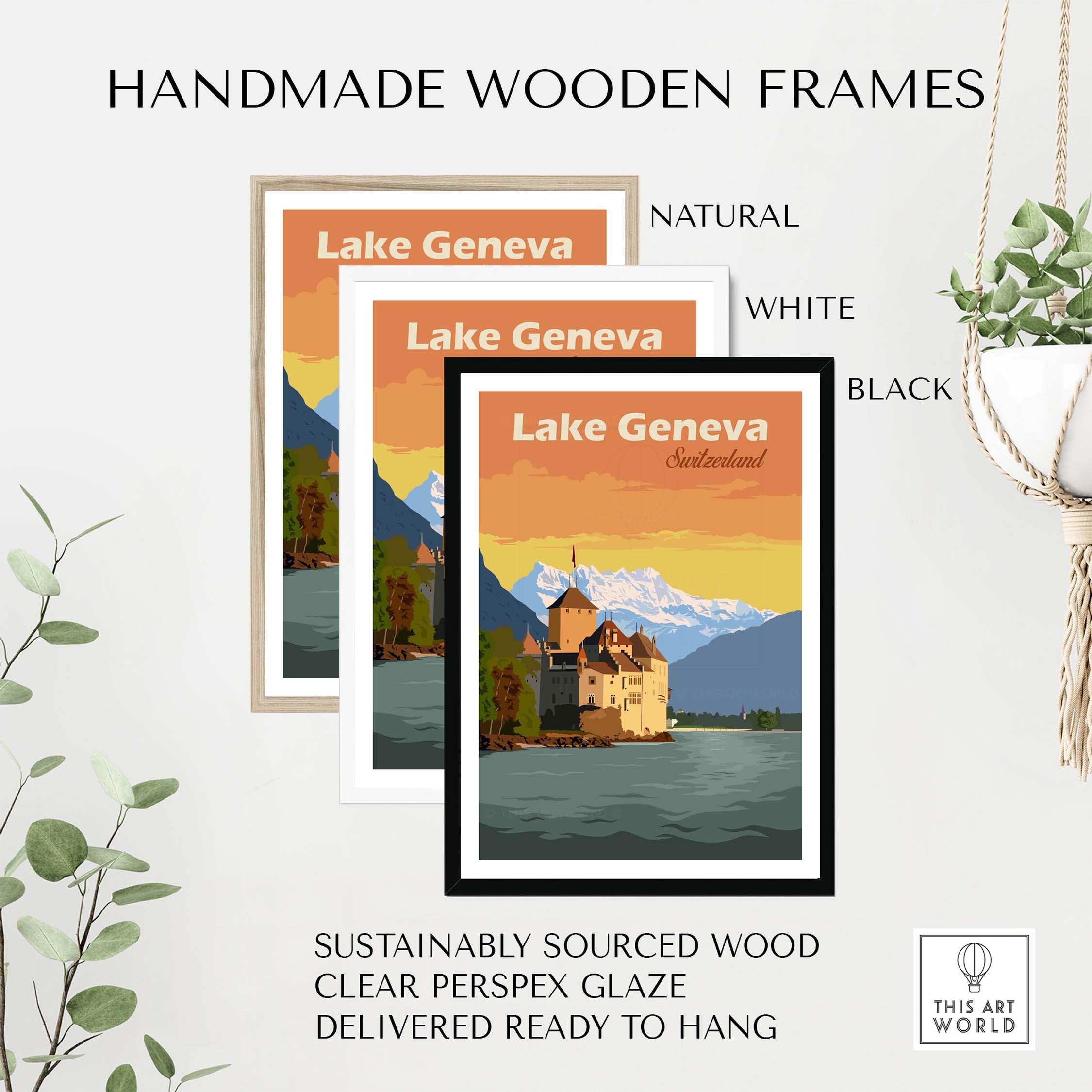 Lake Geneva Poster Switzerland Print in handmade wooden frames: natural, white, and black options.