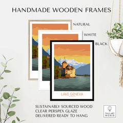 Handmade wooden frames for Lake Geneva art print in natural, white, and black colors. Sustainably sourced and ready to hang.