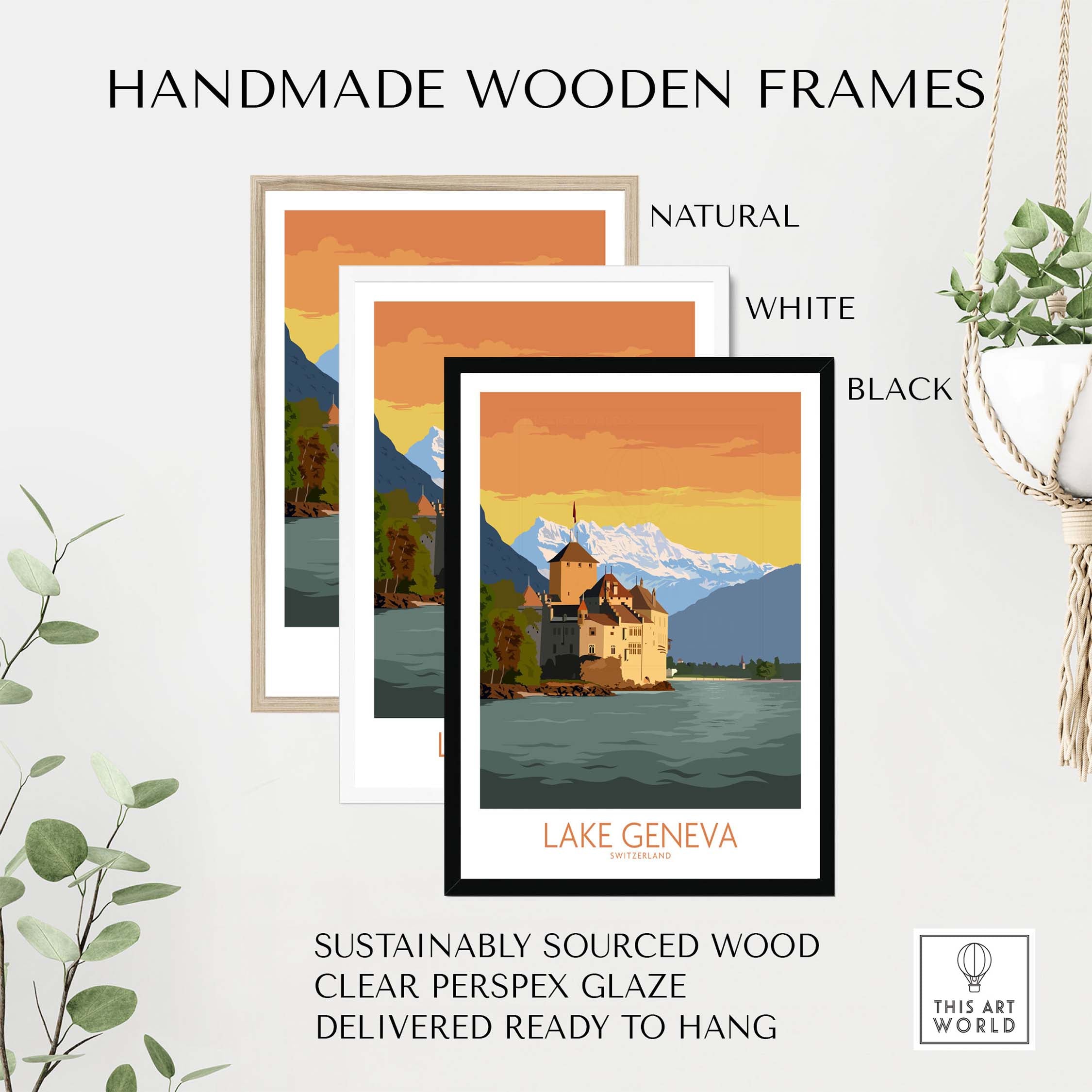 Handmade wooden frames for Lake Geneva art print in natural, white, and black colors. Sustainably sourced and ready to hang.