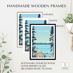 Lake Tahoe print wall art in handmade wooden frames, featuring natural, white, and black options for stylish decor.