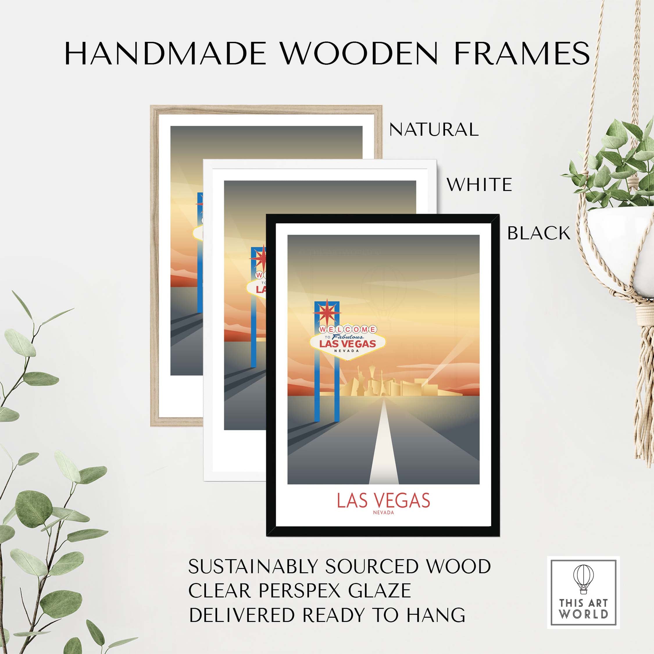 Las Vegas Wall Art Print displayed in handmade wooden frames in natural, white, and black finishes.