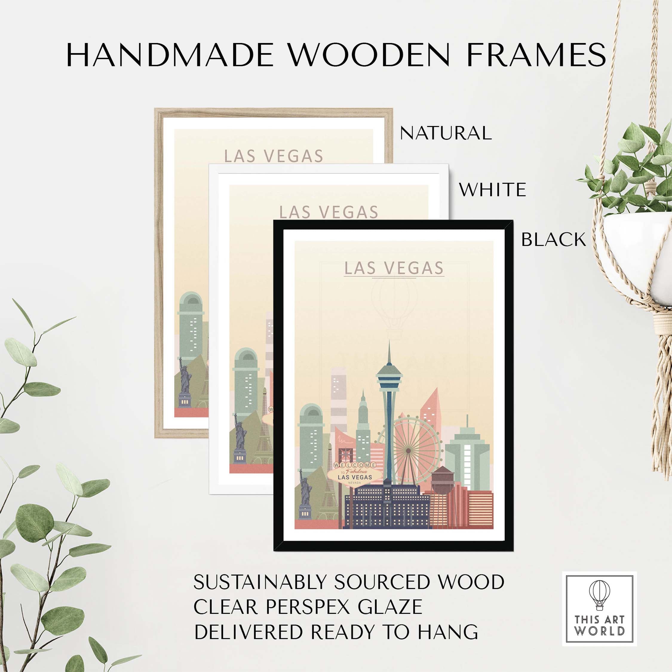 Handmade wooden frames in natural, white, and black for Las Vegas Skyline Poster, ready to hang, sustainably sourced.