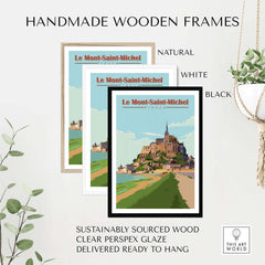 Le Mont Saint Michel poster prints framed in natural, white, and black handmade wooden frames for stylish decor.