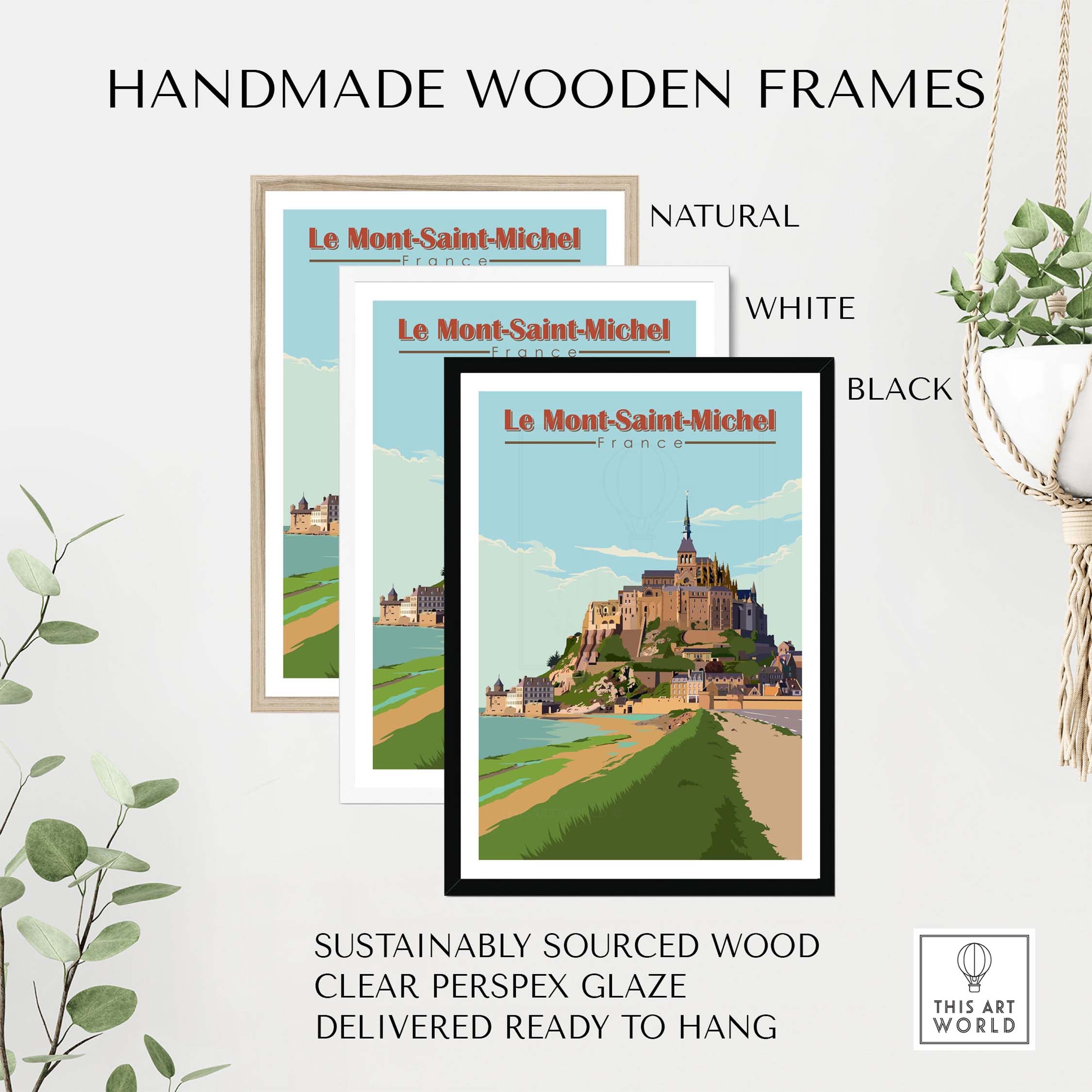 Le Mont Saint Michel poster prints framed in natural, white, and black handmade wooden frames for stylish decor.