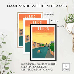 Leeds poster print in handmade wooden frames in natural, white, and black; sustainable and stylish wall art.