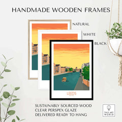 Handmade wooden frames for Leeds Print England Travel Poster in natural, white, and black finishes.